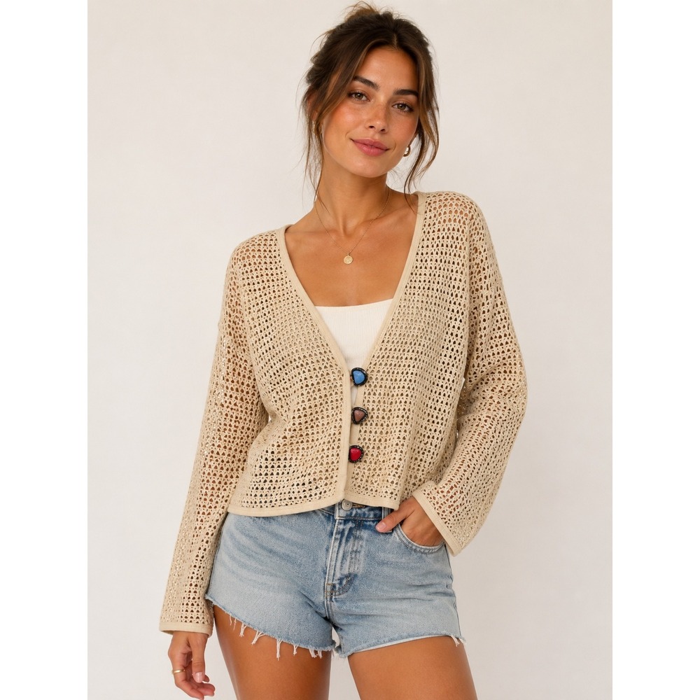 Componix Vintage Open Knit Cardigan Cream Beige Heart Buttons Large USA Made
